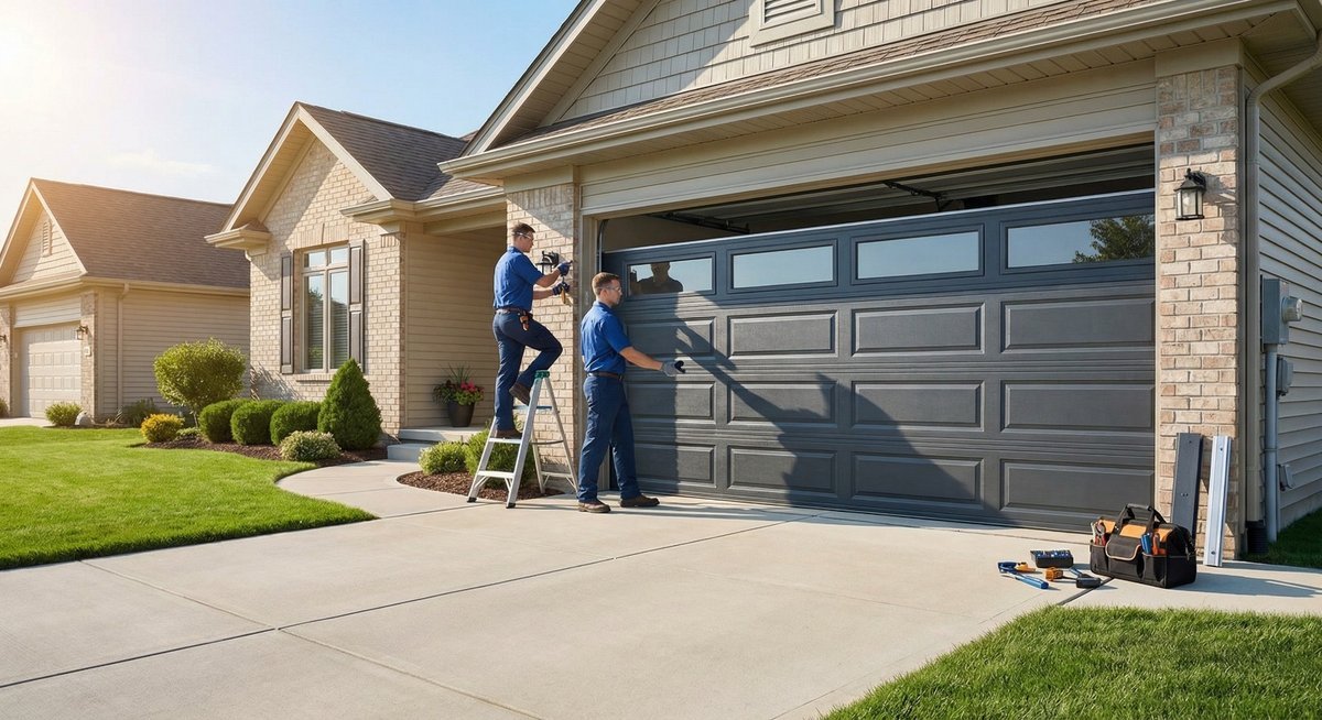 Two people at a dark garage door on a house exterior