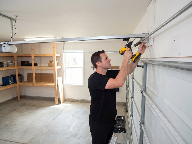 Technician on a stepladder drilling the front rail bracket into the wall above the door