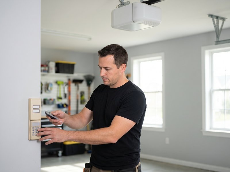 Technician holding a remote while pressing a wall-mounted garage keypad