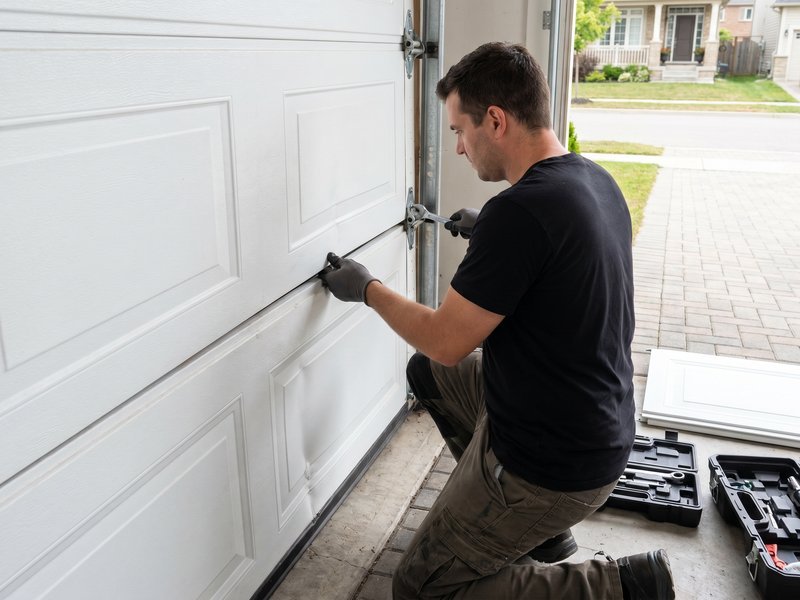 Technician kneeling beside a white sectional door, tightening hinge hardware between two sections