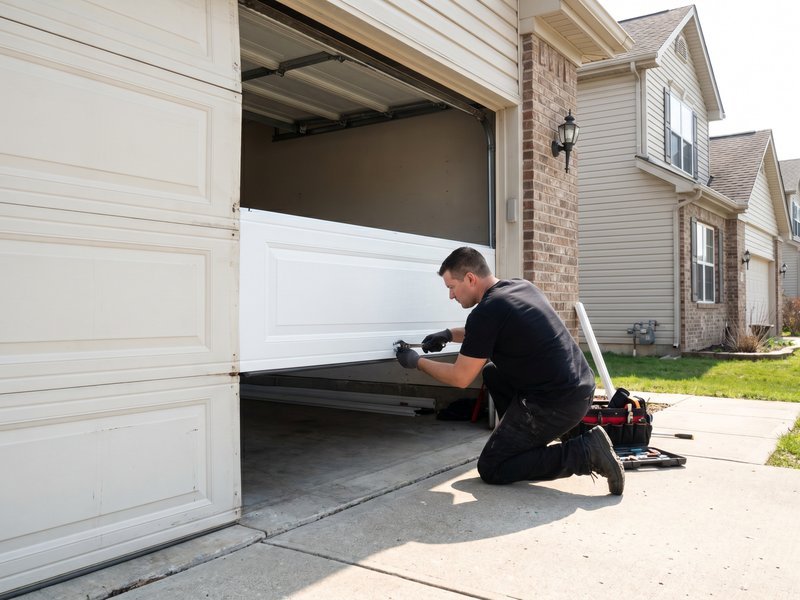 Technician sliding a white section into a garage door opening beside a brick house