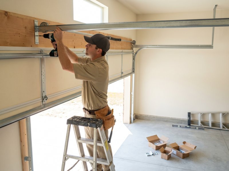 Installer on a stepladder drilling a bracket into the header board above an open garage door