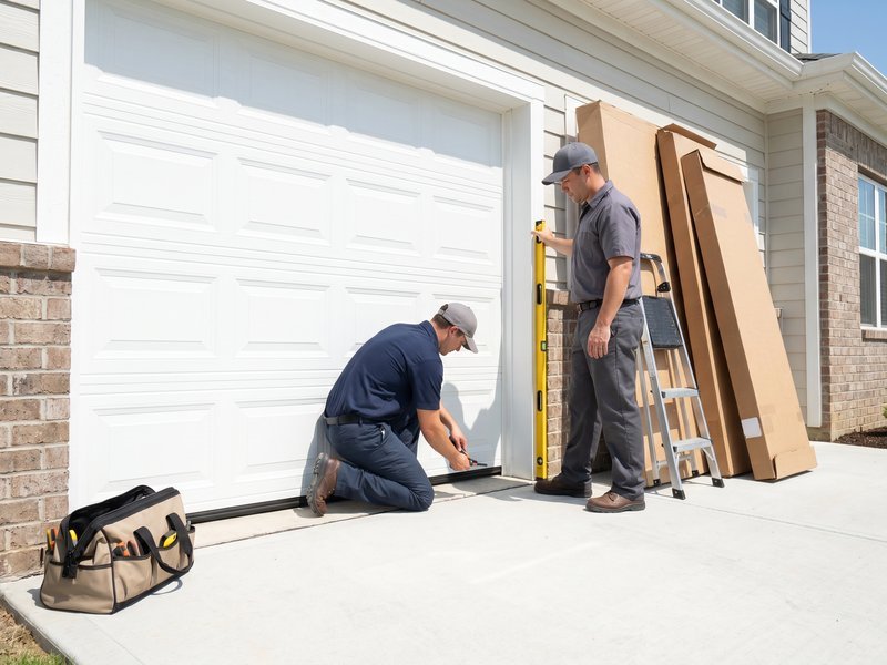Installer kneeling at the base of a white garage door while a second worker checks it