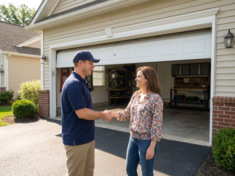 A homeowner greeting a technician at a garage entrance