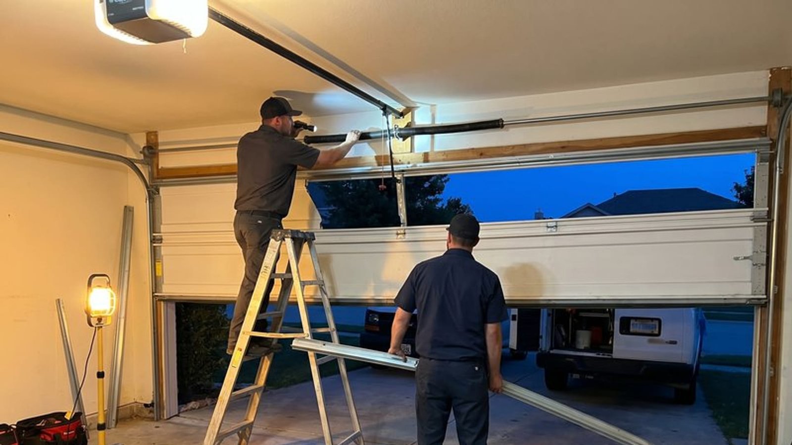 Two technicians working above a partially raised garage door